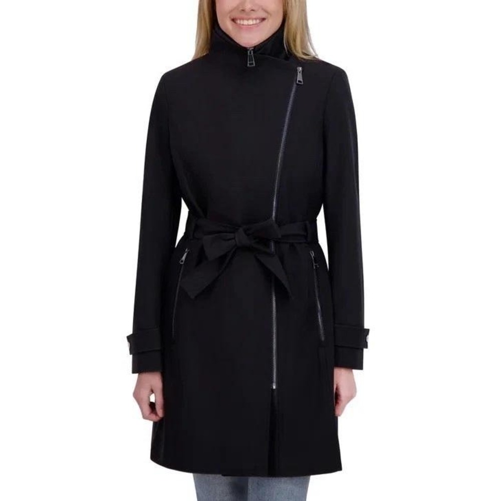 NWOT Halston Women's L BlackFull Zip Belted Trench Coat Polyester